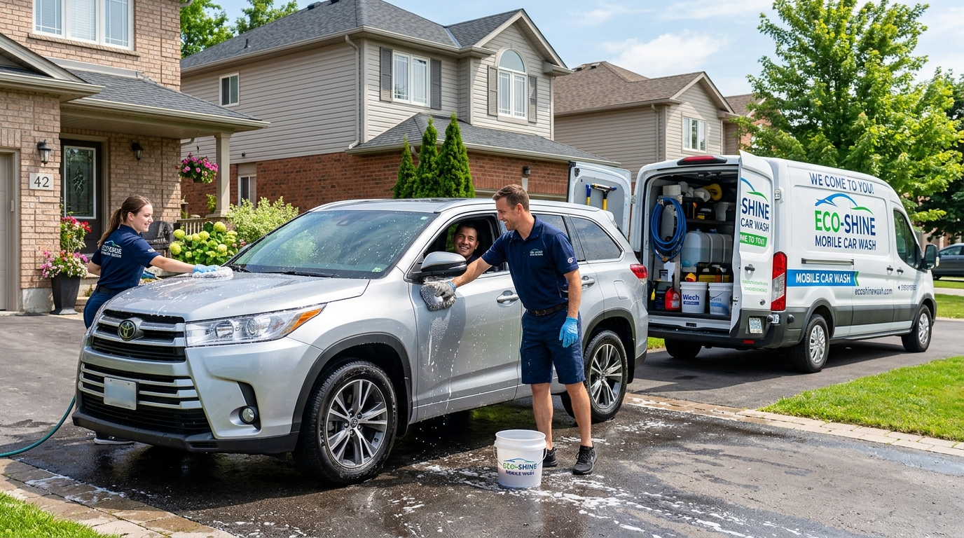 Anthony's Detail mobile car wash technicians washing family vehicle at home driveway